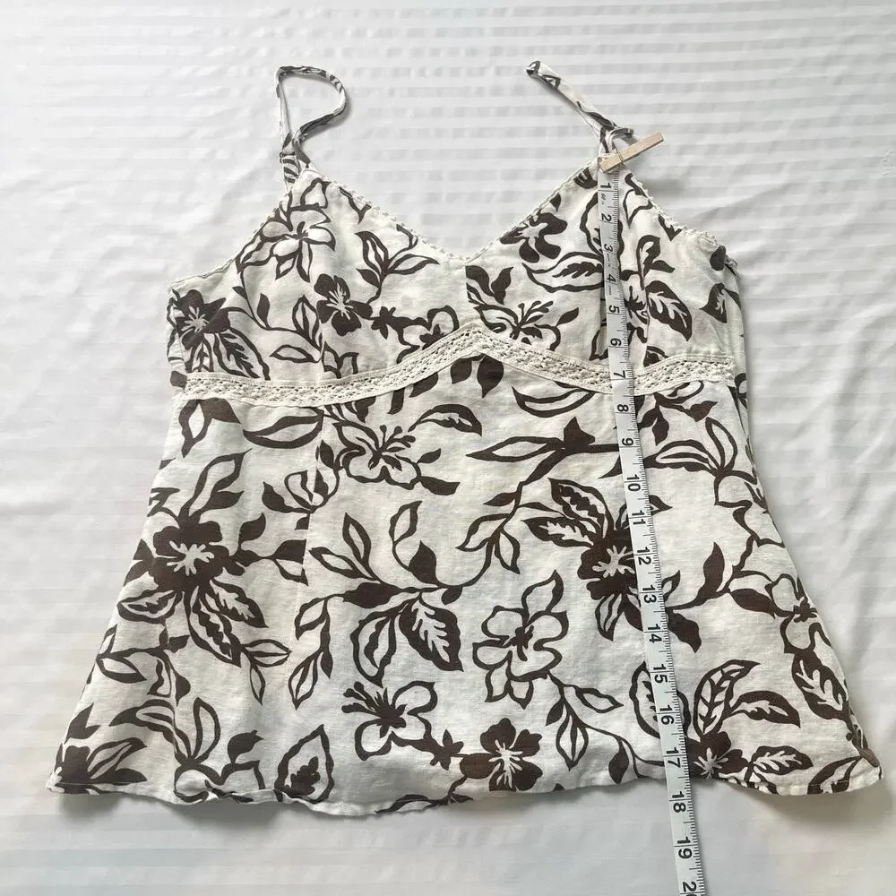 Bass Floral Linen Blend Cami Tank Top Brown Cream Boho Cottagecore Medium - Picture 5 of 10
